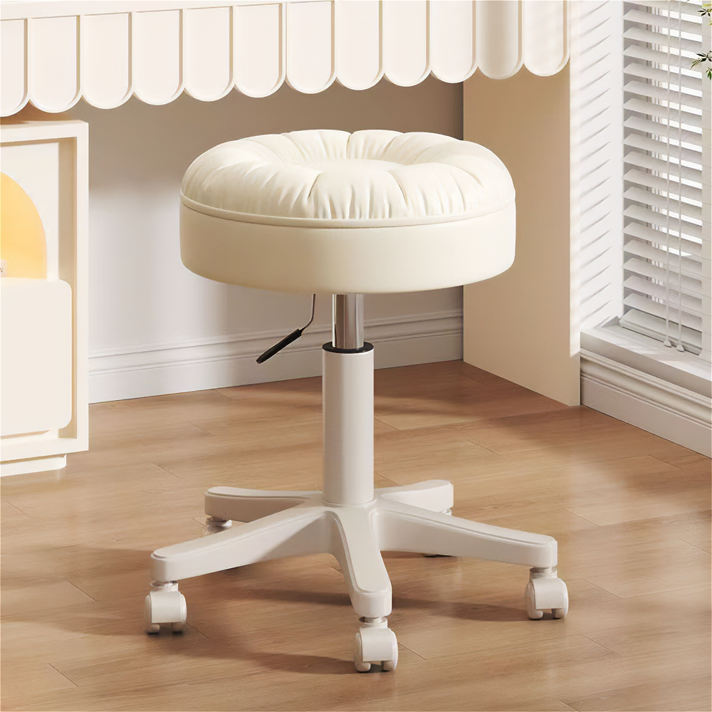 원형 의자 바퀴달린 이동식 미용 보조 화장대 미니 스툴 크림화이트