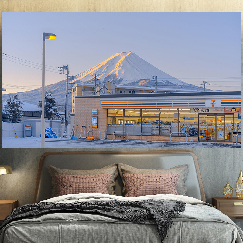 대형 패브릭포스터 일본 풍경 거실 벽꾸미기 인테리어 홈 원룸 사진 그림 감성 창문 후지산 편의점 세로 38cmx가로 65cm 4개