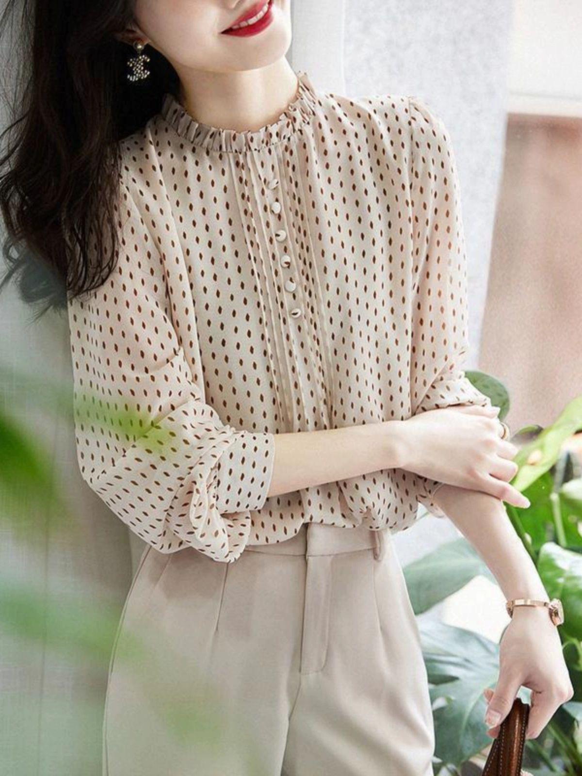 도트타이블라우스 여성 프렌치 실크타이블라우스 통근 살구색 M 85-105 - 상세 이미지 2