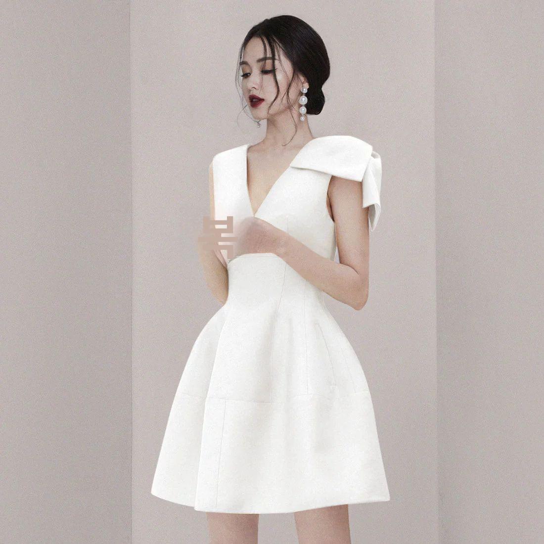 숏웨딩드레스 미니 짧은 셀프웨딩 돌잔치 파티복 화이트 XS 체중 40.0-45.0kg - 상세 이미지 2