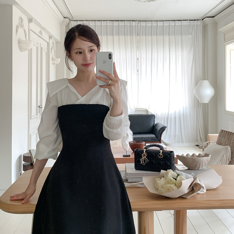 레이어드 배색 플랫 카라 플레어 원피스 데이트 페미닌 결혼식 하객룩 op16176