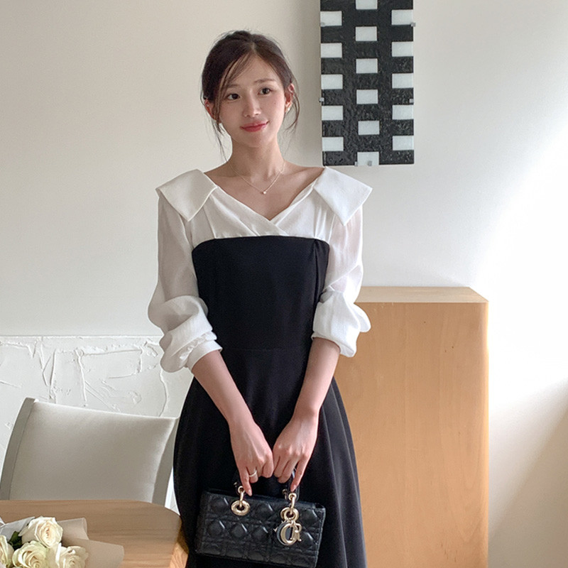 레이어드 배색 플랫 카라 플레어 원피스 데이트 페미닌 결혼식 하객룩 op16176