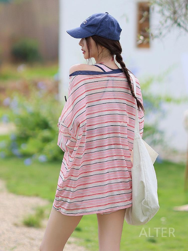 뱃살 커버 래쉬가드 가오리핏 여성 오버핏 레쉬가드 가오리 루즈핏 빨간 줄무늬 세트 2XL - 상세 이미지 2