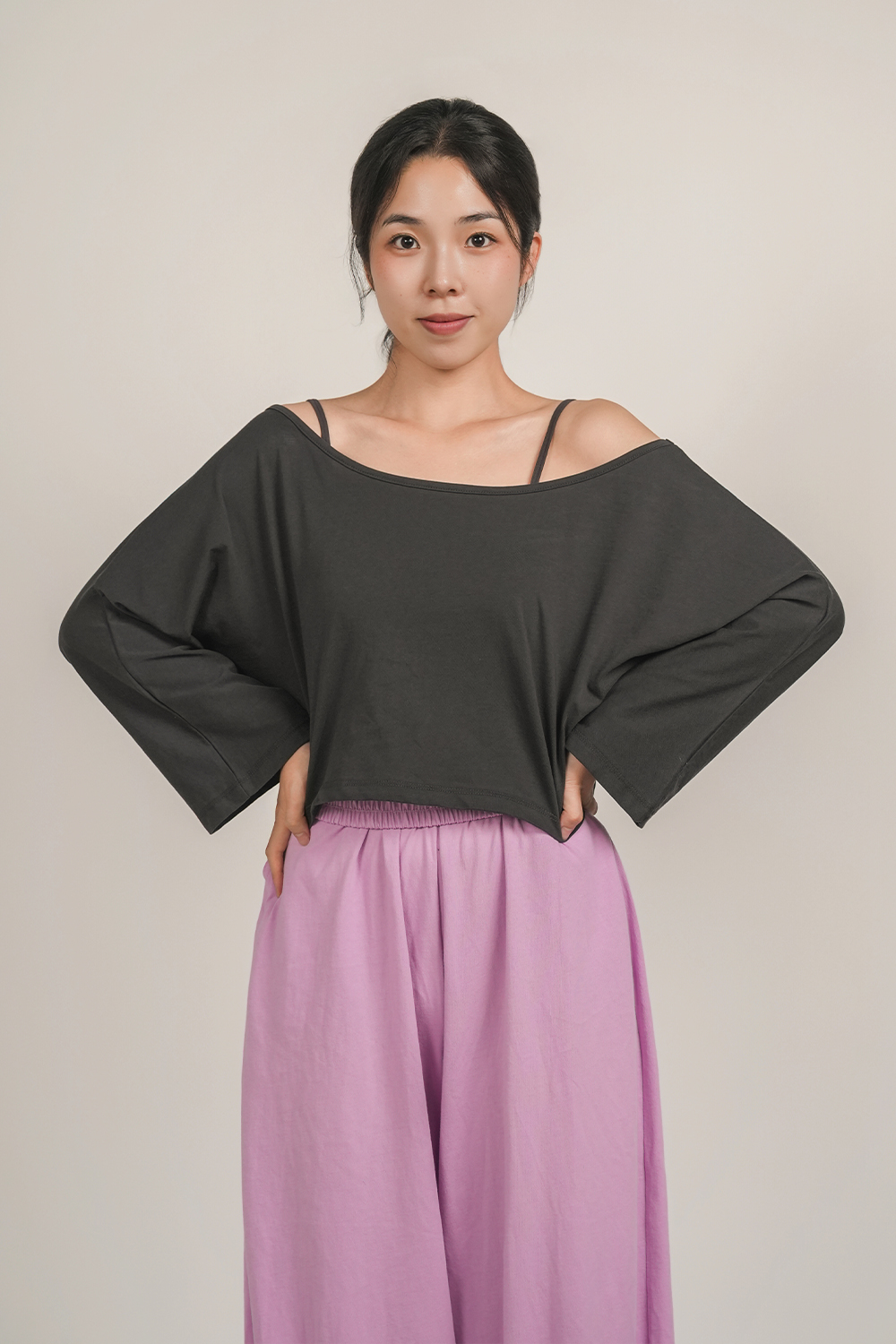 [에스라티] 쁘아 요가 커버업 티셔츠 오프숄더 크롭 티 요가복 필라테스 폴웨어 발레 상의 - 상세 이미지 3