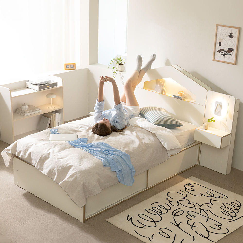 무디켄 리뉴 LED 선반헤드 수납 서랍 침대 프레임 (+방수커버) 원형, Q 서랍형, 아이보리+우드엣지