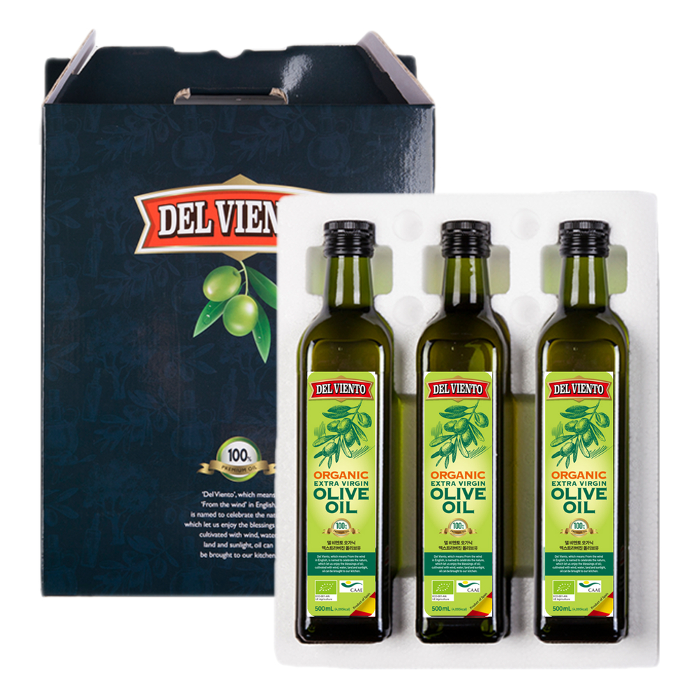 델비엔토 유기농 엑스트라버진 올리브유 500ml 고급선물세트 안전포장 3개입, 1개 - 상품 이미지