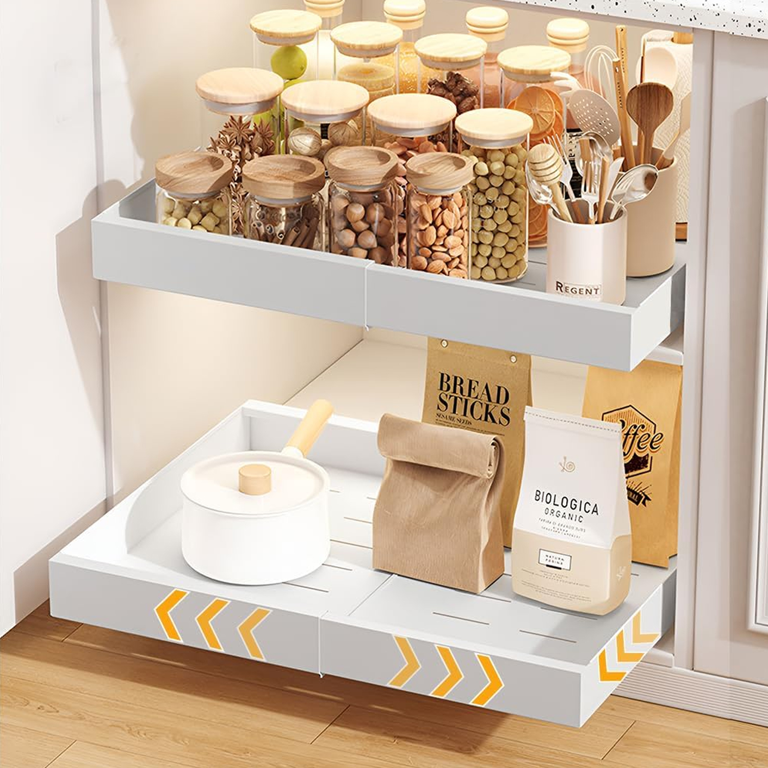 1+1 슬라이딩 길이조절 선반 주방 싱크대 하부장 정리 수납 양념통 레일