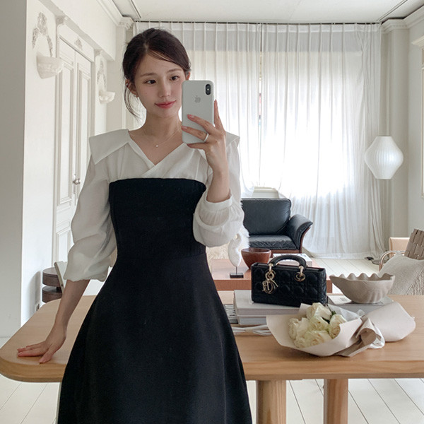 레이어드 배색 플랫 카라 플레어 원피스 데이트 페미닌 결혼식 하객룩 op16176