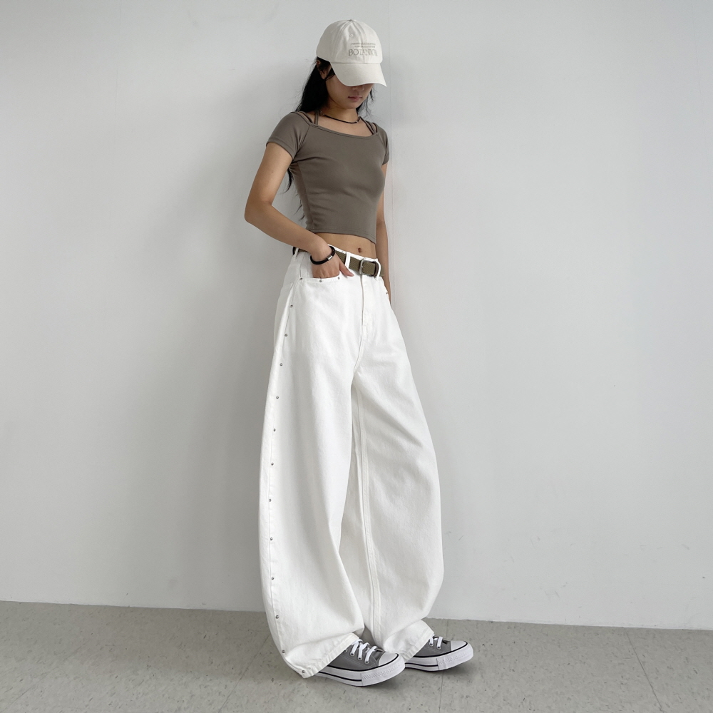 화이트팬츠 스터드 벌룬핏 와이드 여성 하이웨스트 흰색바지 통넓은 면바지 스터드업 벌룬팬츠 - 상세 이미지 4