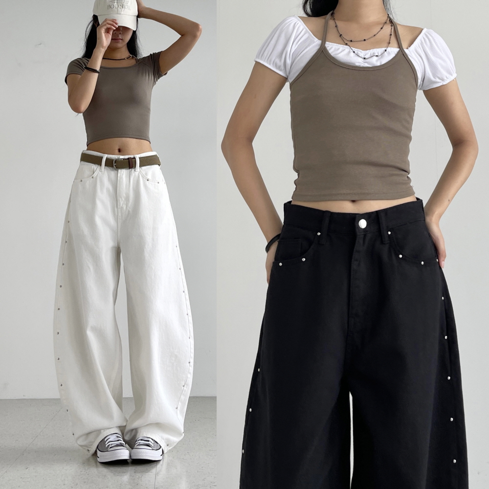 화이트팬츠 스터드 벌룬핏 와이드 여성 하이웨스트 흰색바지 통넓은 면바지 스터드업 벌룬팬츠 - 상품 이미지