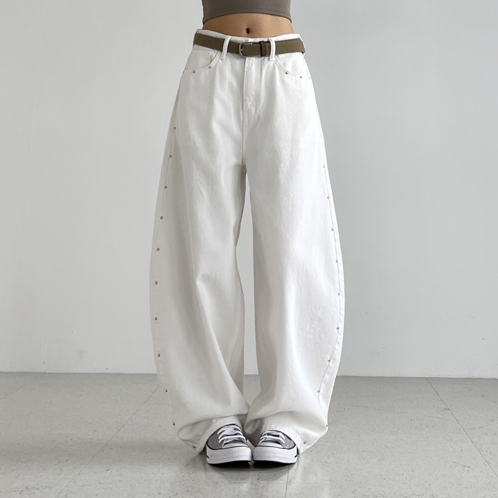 화이트팬츠 스터드 벌룬핏 와이드 여성 하이웨스트 흰색바지 통넓은 면바지 스터드업 벌룬팬츠 - 상세 이미지 2