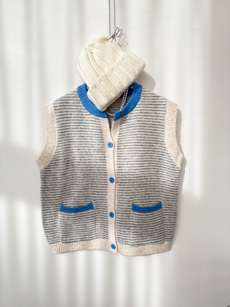 단가라 배색 단추 투포켓 가을 니트 조끼