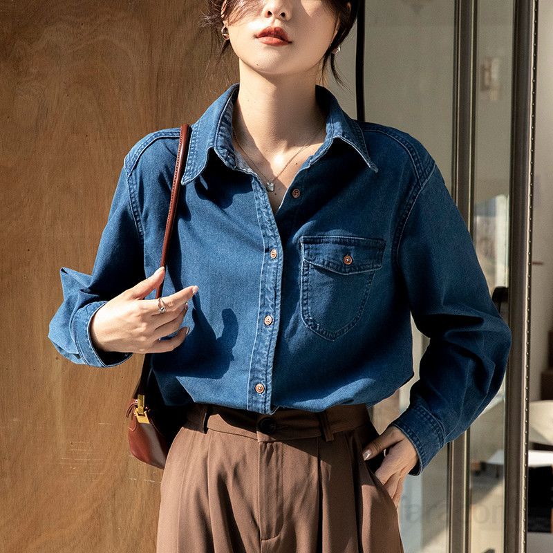 여성용 루즈핏 데님 셔츠 가을 캐주얼 긴팔 레이어드 스타일 빈티지 레트로 청남방 편안한 착용감 데일리 활용도 높은 셔츠 - 상세 이미지 2