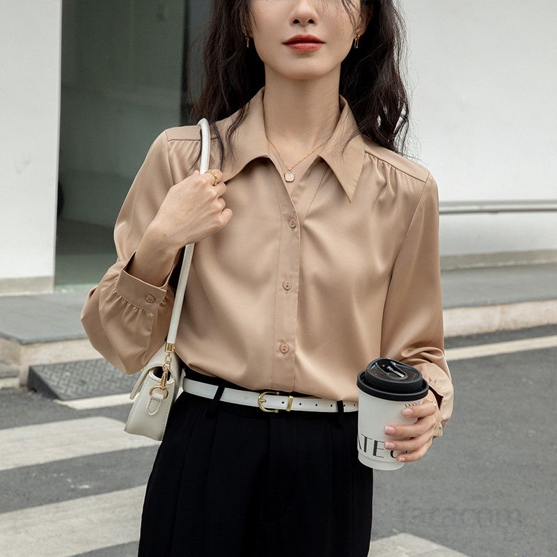 여성 여름 새틴 블라우스 루즈핏 롱슬리브 라운드넥 솔리드 컬러 시원한 착용감 데일리 코디용 하객룩 스타일링용 모던한 디자인 - 상세 이미지 5