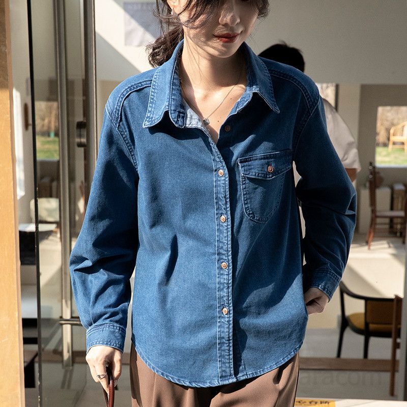 여성용 루즈핏 데님 셔츠 가을 캐주얼 긴팔 레이어드 스타일 빈티지 레트로 청남방 편안한 착용감 데일리 활용도 높은 셔츠 - 상세 이미지 5