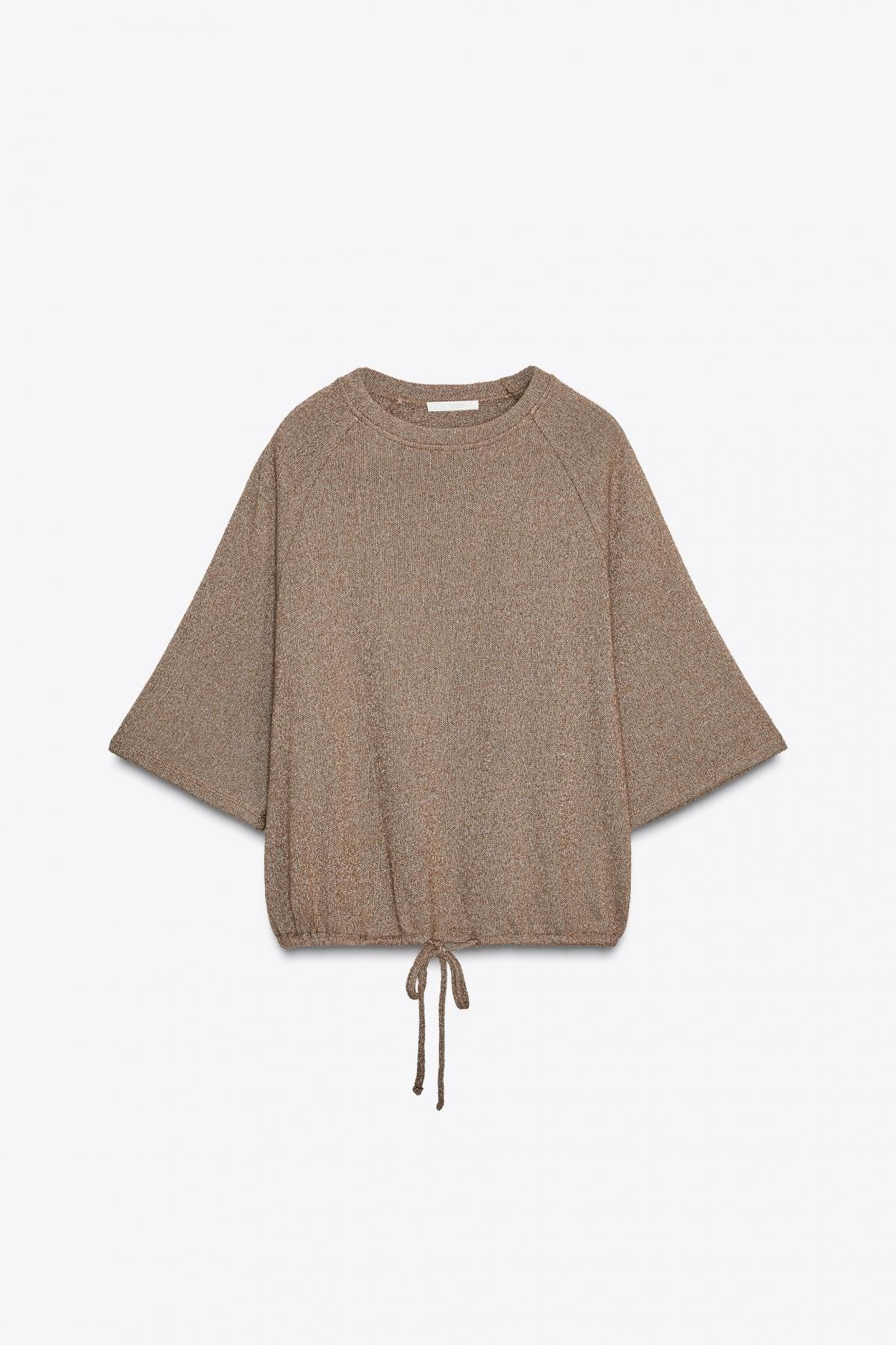 자라 니트 라운드넥 컷아웃 반팔 티셔츠 1198/457 BROWN / ECRU - 메인 이미지