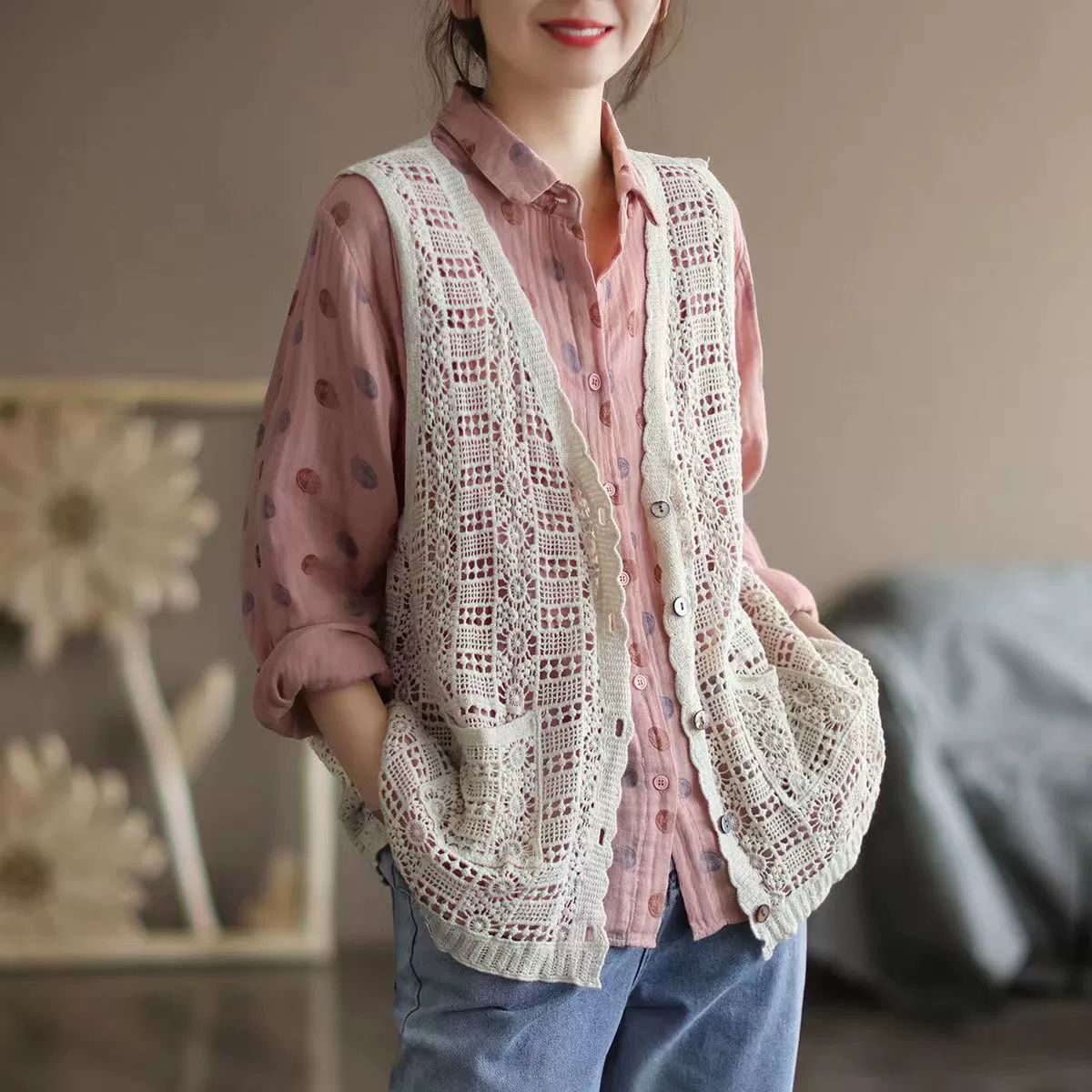 손뜨개 조끼 코바늘 여름 뜰안 만들기 패키지 뜨개 살구색 M 45.0-55.0kg - 상세 이미지 3