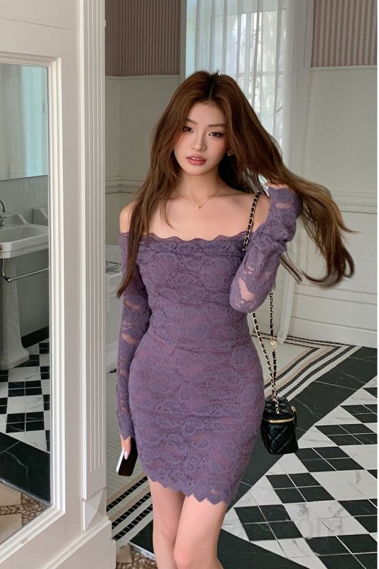 퍼플 레이스 슬림 원숄더 원피스 여성용 가을 하객룩 결혼식 드레스 슬림핏 스타일 매력적 디자인 고급스러운 분위기 연출 - 상세 이미지 5