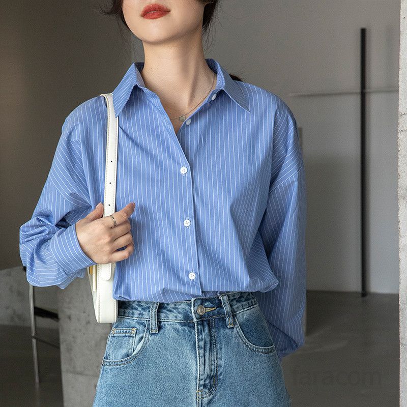 여성 스트라이프 긴팔셔츠 구김없는 레이어드 데일리룩 홍콩 스타일 편안한 가을 셔츠 패션 코디용 상의 - 상세 이미지 4