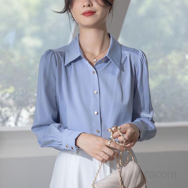 여성용 화이트 긴팔 셔츠 봄 여름 데일리 캐주얼 오피스룩 아세테이트 소재 프로페셔널 스타일 통근용 셔츠 시원하고 편안한 착용감 - 상품 이미지