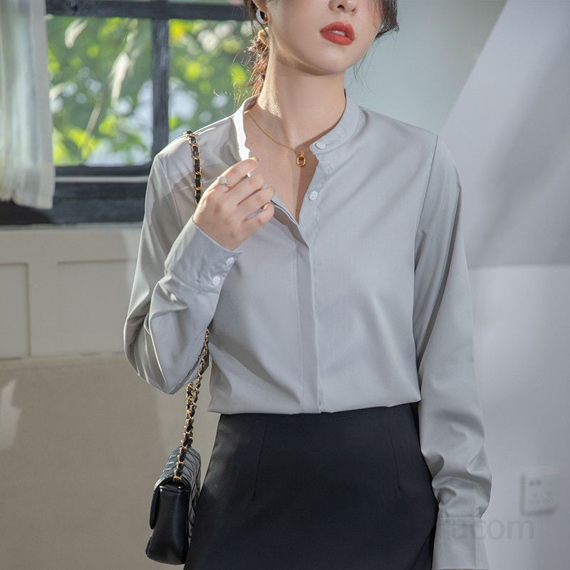 여성 새틴 셔츠 스탠드 칼라 느슨한 핏 여름용 블라우스 우아한 디자인 데일리룩 캐주얼 스타일 시원한 착용감 모던한 무드 - 상세 이미지 3