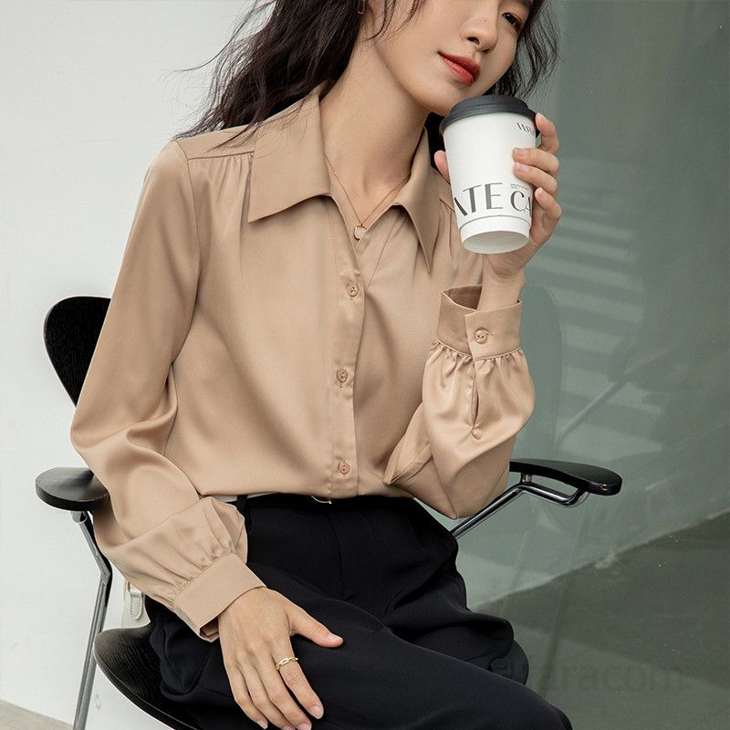 여성 여름 새틴 블라우스 루즈핏 롱슬리브 라운드넥 솔리드 컬러 시원한 착용감 데일리 코디용 하객룩 스타일링용 모던한 디자인 - 상품 이미지