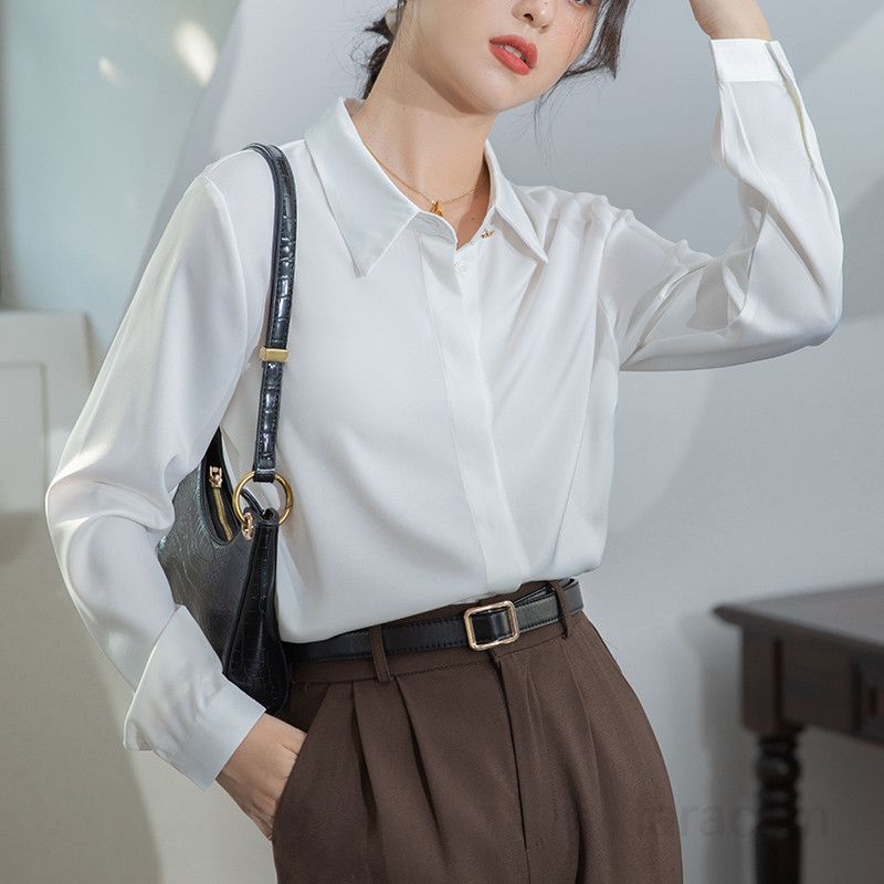 여성 새틴 긴팔 블라우스 가을 출퇴근용 고급스러운 비즈니스 정장 면접용 상의 편안한 착용감 데일리 스타일 - 상세 이미지 4
