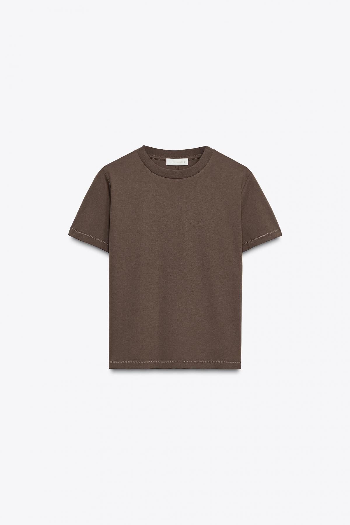 자라 프리미엄 머서라이즈 코튼 라운드넥 반팔 티셔츠 3641/701 BROWN - 상품 이미지