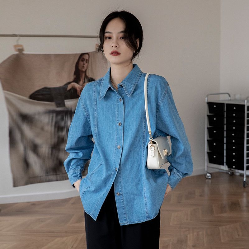 여성용 데님 셔츠 긴팔 캐주얼 레트로 홍콩 스타일 가을 패션 오버핏 청남방 코튼 소재 시원한 착용감 편안한 일상 외출용 스타일리시한 디자인 - 상세 이미지 5