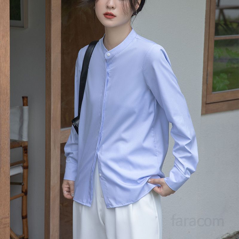 여성 루즈핏 파란색 셔츠 스탠드 칼라 통기성 좋은 린넨 소재 여름 데일리 긴팔 스타일링 쉬운 캐주얼 블라우스 오피스룩 활용 가능 - 상세 이미지 5