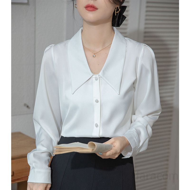 새틴 브이넥 블라우스 여성 긴팔 셔츠 봄 가을 오피스룩 출퇴근용 고급스러운 스타일 인터뷰 정장용 편안한 착용감 - 상품 이미지