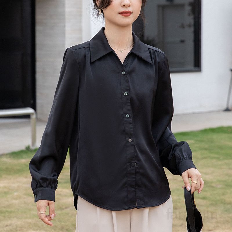 여성 여름 루즈핏 새틴 블라우스 긴팔 솔리드 컬러 라운드넥 시원한 착용감 다용도 스타일리시한 데일리 탑 캐주얼 프로페셔널 셔츠 - 상세 이미지 2