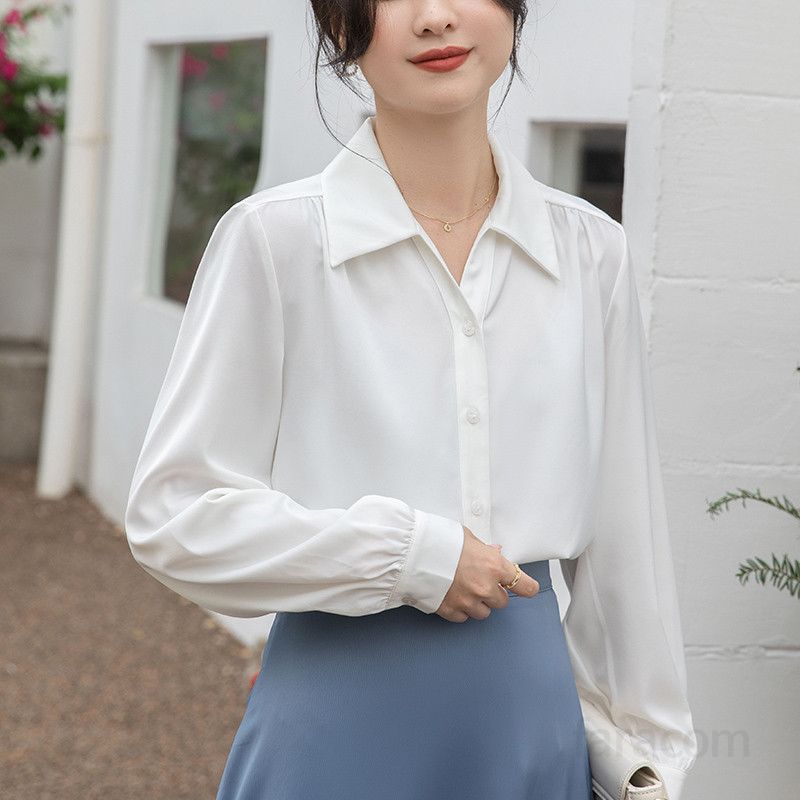여성 여름 루즈핏 새틴 블라우스 화이트 긴팔 다용도 세련된 스타일 데일리 캐주얼 탑 시원한 착용감 라운드넥 디자인 - 상품 이미지