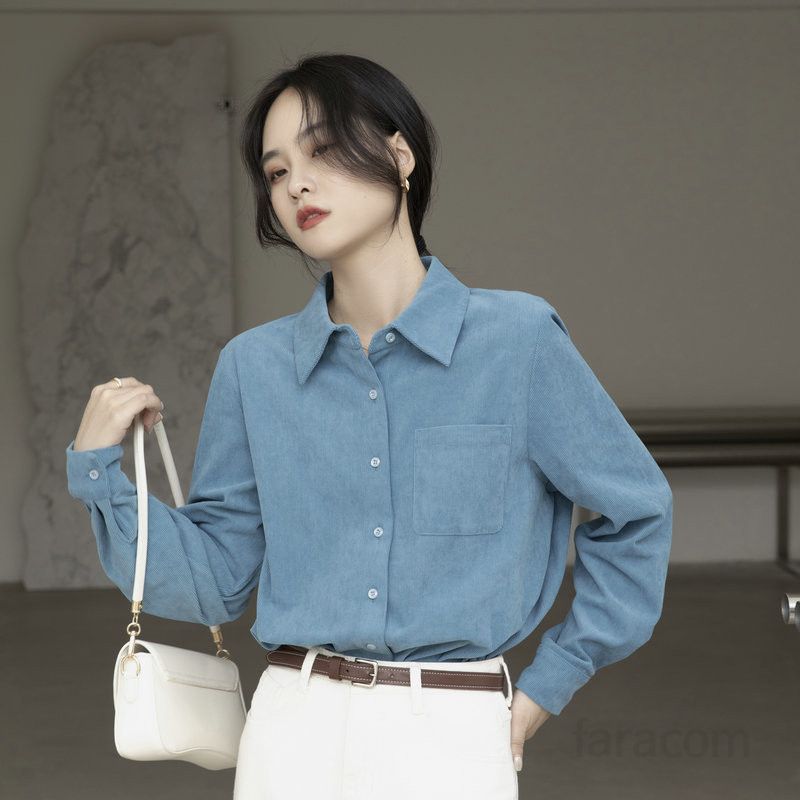 여성 코듀로이 긴팔 셔츠 레트로 스타일 가을용 슬림핏 다용도 캐주얼 셔츠 심플한 디자인 데일리웨어 활용도 높은 트렌디한 셔츠 - 상세 이미지 2