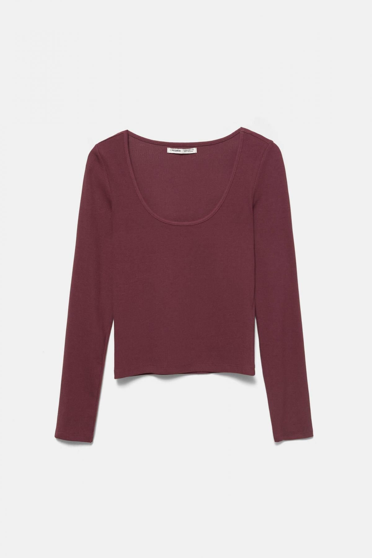 풀앤베어 슬림핏 골지 라운드넥 긴팔 티셔츠 7152/302 BURGUNDY - 상품 이미지