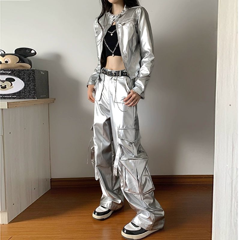 댄스의상 아이돌무대의상 방송 댄스복 코스프레 스트릿 실버 짧은 외투 S - 상품 이미지
