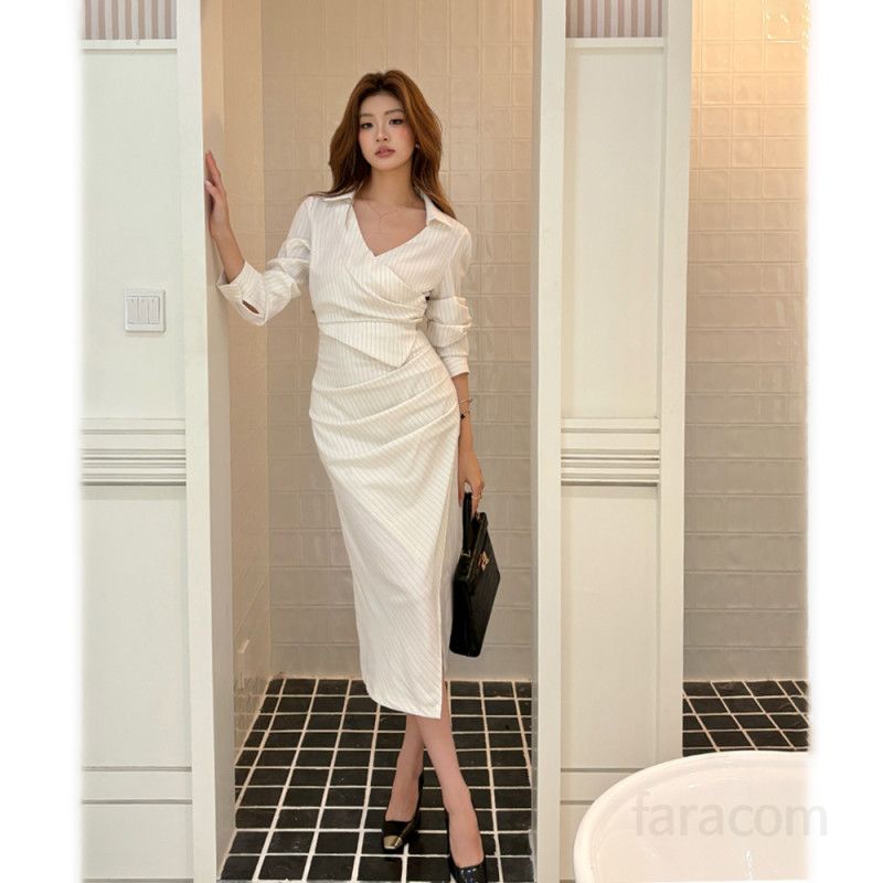 스트라이프 셔츠 원피스 여성용 긴팔 스타일리시한 오피스룩 캐주얼 데일리 자매룩 가을 착용감 좋은 코튼 소재 - 상세 이미지 2