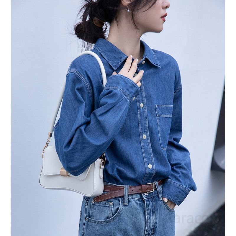 여성 데님 셔츠 루즈핏 긴팔 레이어드 봄가을 캐주얼 스타일 홍콩 레트로 빈티지 착용감 좋은 외출용 - 상세 이미지 5