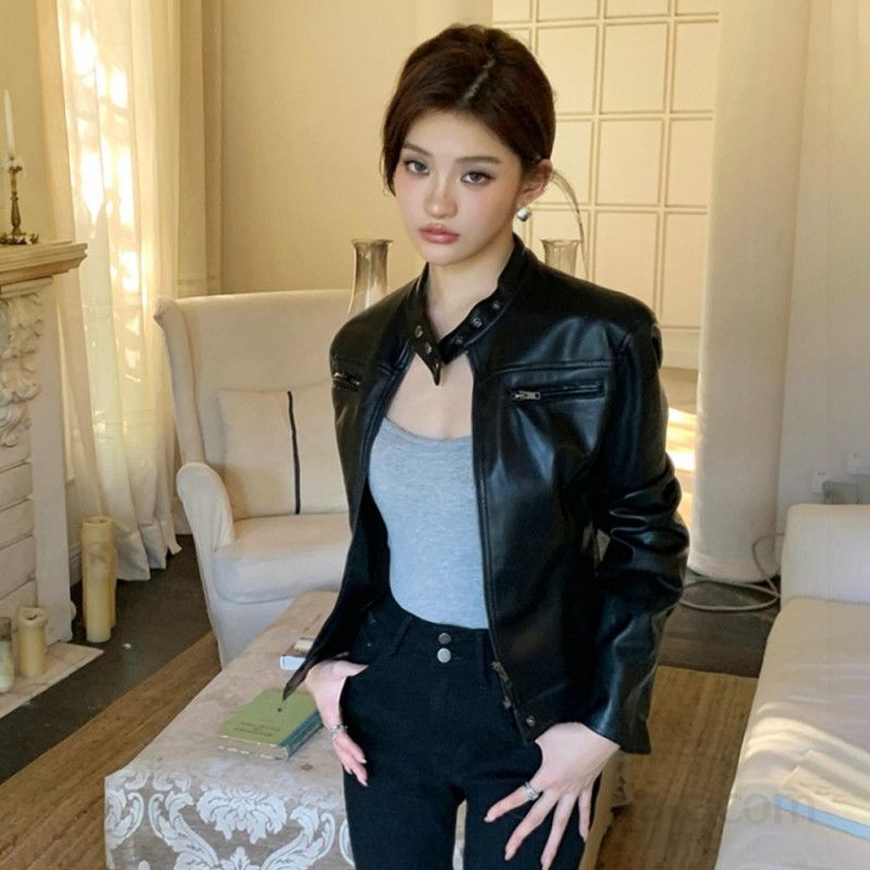 여성 블랙 스탠드 칼라 레더 가죽 자켓 가을 모터사이클 스타일 아메리칸 레트로 클래식 디자인 시크한 분위기 데일리룩 오피스룩 하객룩 활용 가능 - 상세 이미지 4