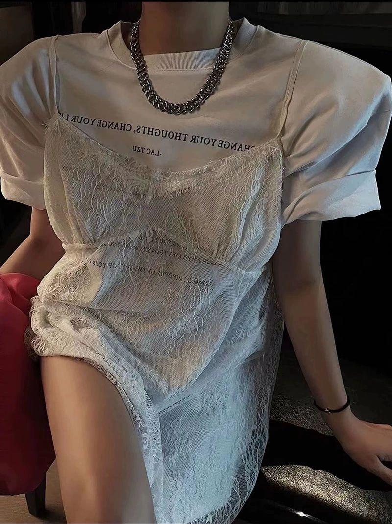 레이스나시 레이어드 뷔스티에 시스루 슬리브리스 원피스 화이트 프리사이즈 - 상품 이미지