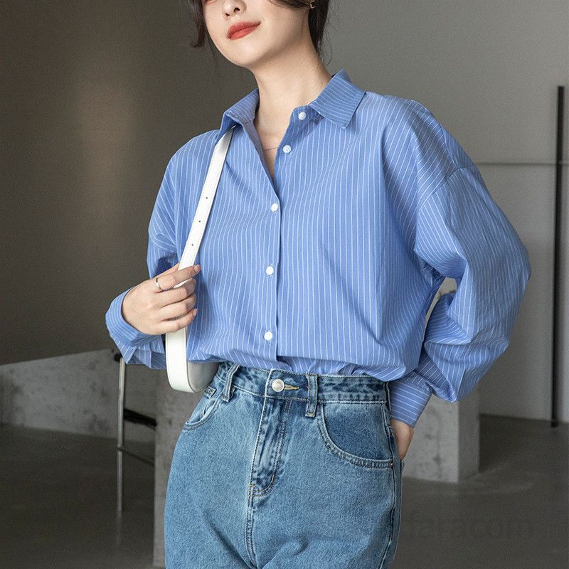 여성 스트라이프 긴팔셔츠 구김없는 레이어드 데일리룩 홍콩 스타일 편안한 가을 셔츠 패션 코디용 상의 - 상세 이미지 3