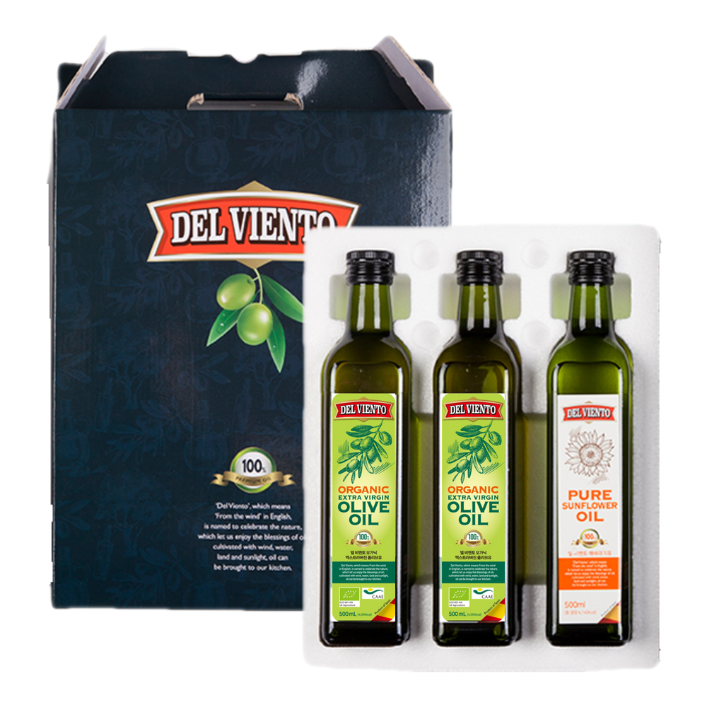 델비엔토 엑스트라버진 올리브유2P+해바라기씨유1P 500ml 3P 선물세트 안전포장 - 상품 이미지