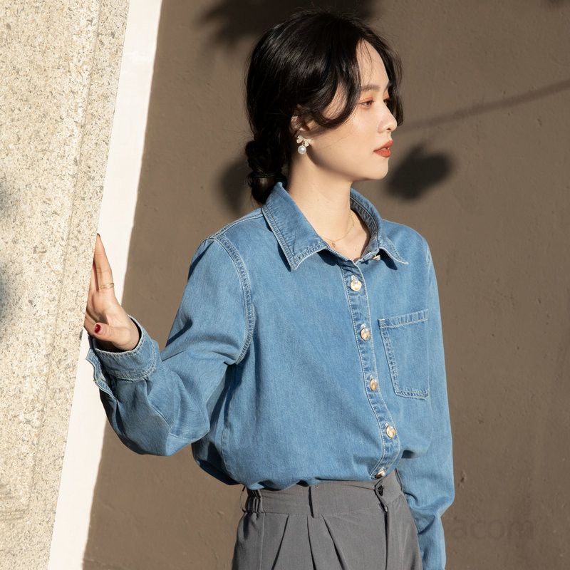 여성 데님 셔츠 루즈핏 긴팔 블라우스 봄 여름 신상 캐주얼 스타일 통근용 시원한 착용감 데일리 외출용 청남방 모던한 디자인 - 상세 이미지 3