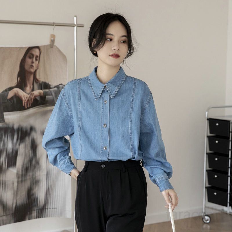 여성용 데님 셔츠 긴팔 캐주얼 레트로 홍콩 스타일 가을 패션 오버핏 청남방 코튼 소재 시원한 착용감 편안한 일상 외출용 스타일리시한 디자인 - 상세 이미지 2