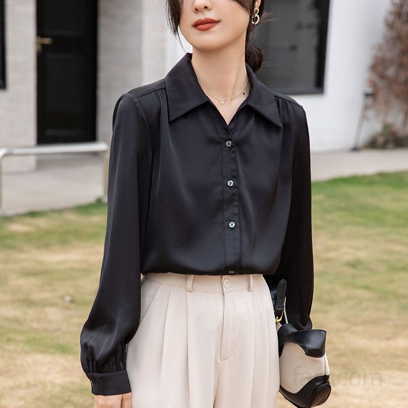 여성 여름 루즈핏 새틴 블라우스 긴팔 솔리드 컬러 라운드넥 시원한 착용감 다용도 스타일리시한 데일리 탑 캐주얼 프로페셔널 셔츠 - 상세 이미지 4