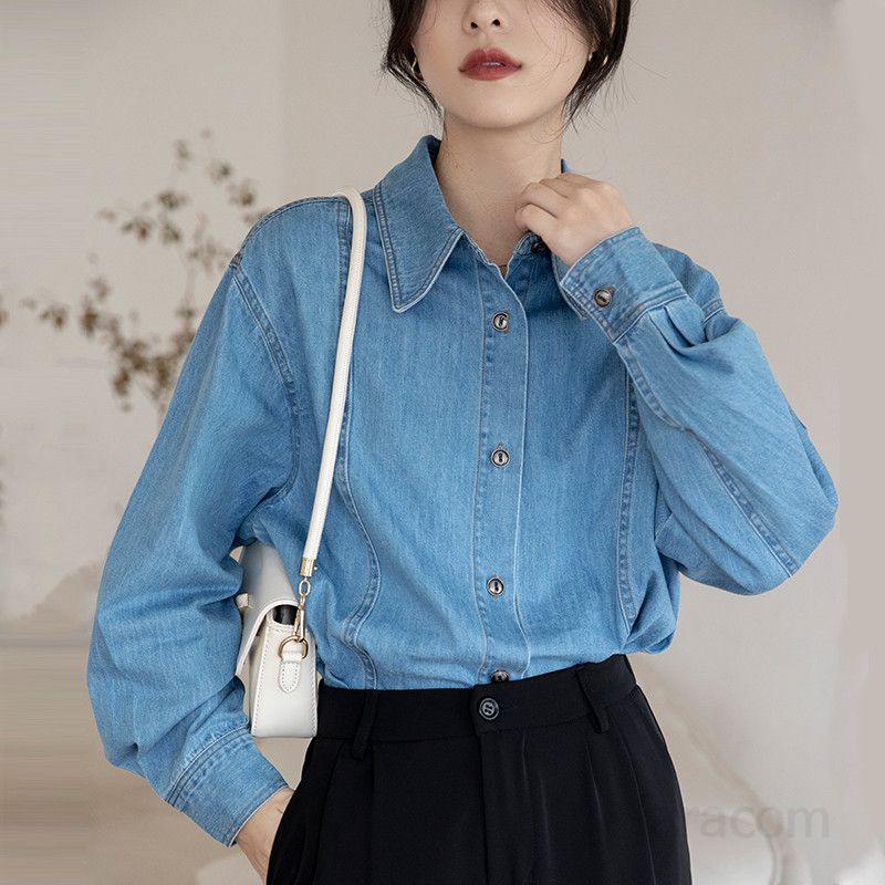 여성용 데님 셔츠 긴팔 캐주얼 레트로 홍콩 스타일 가을 패션 오버핏 청남방 코튼 소재 시원한 착용감 편안한 일상 외출용 스타일리시한 디자인 - 상품 이미지