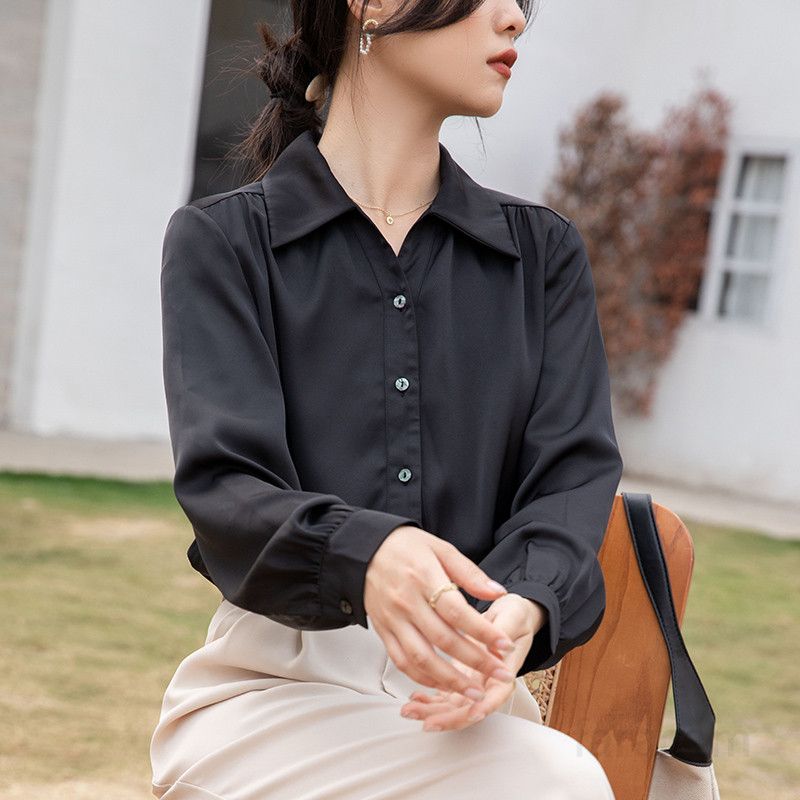 여성 여름 루즈핏 새틴 블라우스 긴팔 솔리드 컬러 라운드넥 시원한 착용감 다용도 스타일리시한 데일리 탑 캐주얼 프로페셔널 셔츠 - 상품 이미지