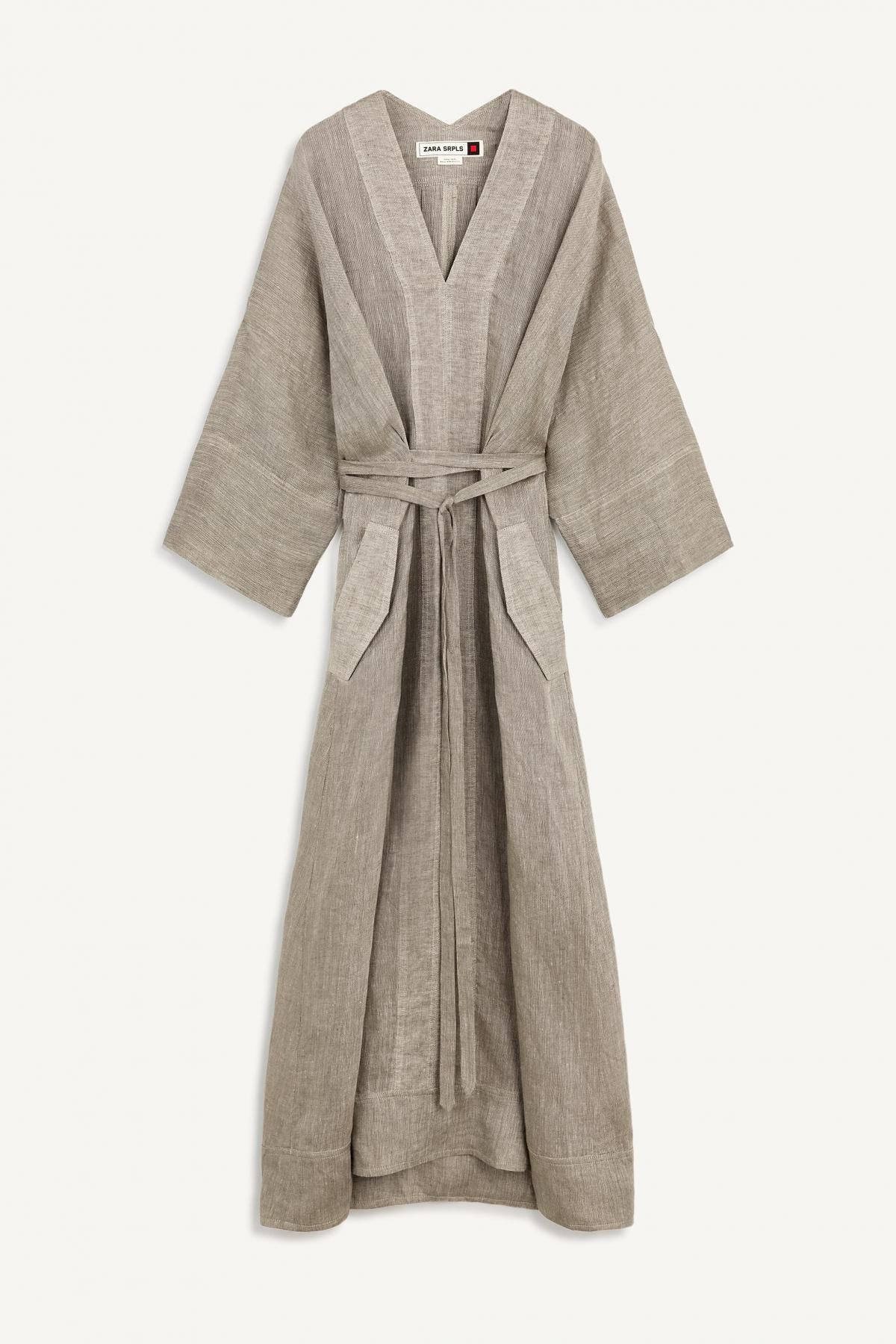 자라 린넨 롱 키모노 스타일 벨트 원피스 2553/900 KHAKI MARL - 메인 이미지