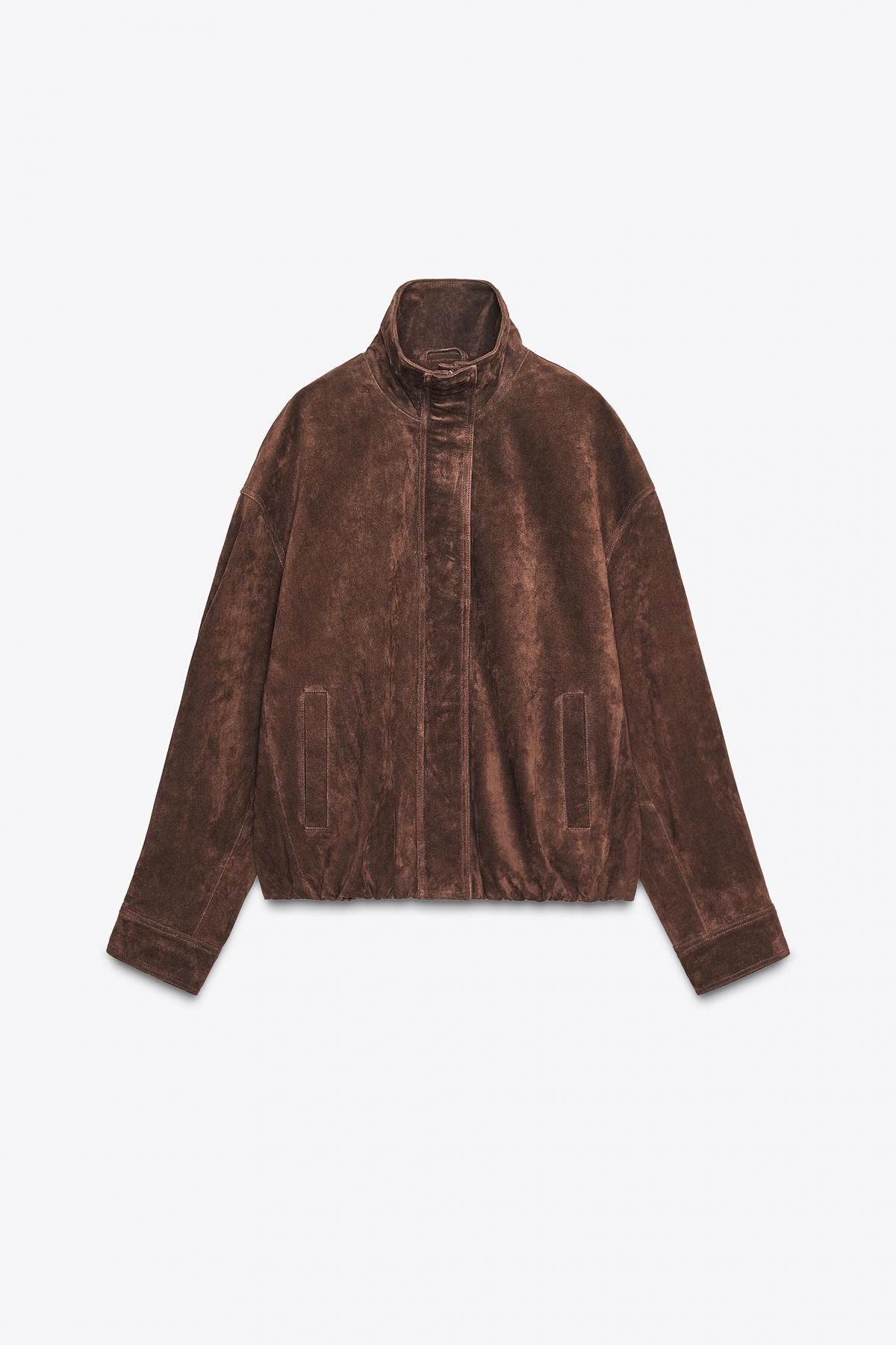 자라 프리미엄 스웨이드 레더 하이넥 재킷 4341/878 DARK BROWN - 상품 이미지