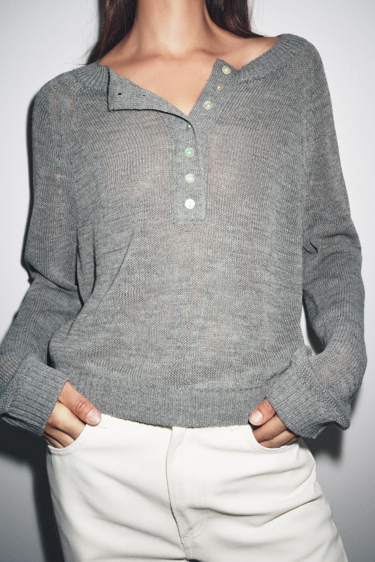 자라 데일리 라운드넥 버튼업 베이커 니트 스웨터 2142/135 GREY MARL - 상세 이미지 3
